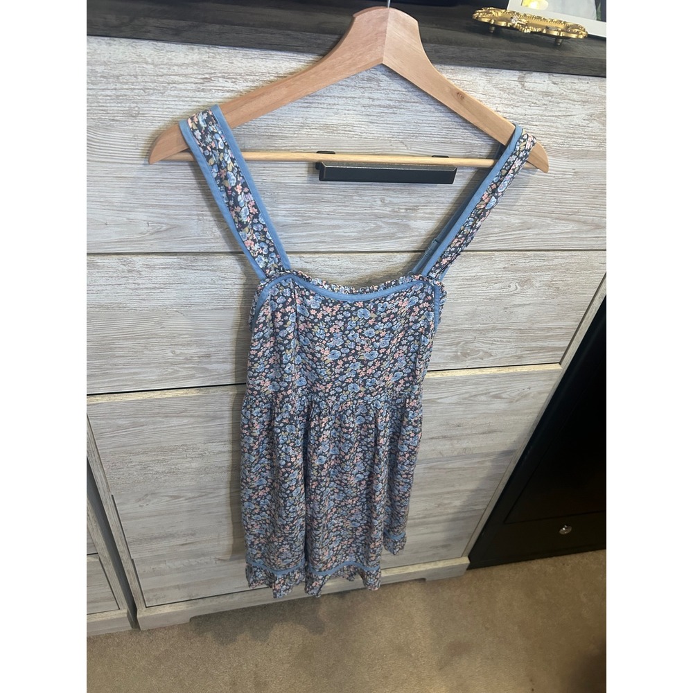 American Eagle Floral Lace Up Back Mini Dress Blue Pink Ditsy Babydoll XS NEW - Picture 4 of 9